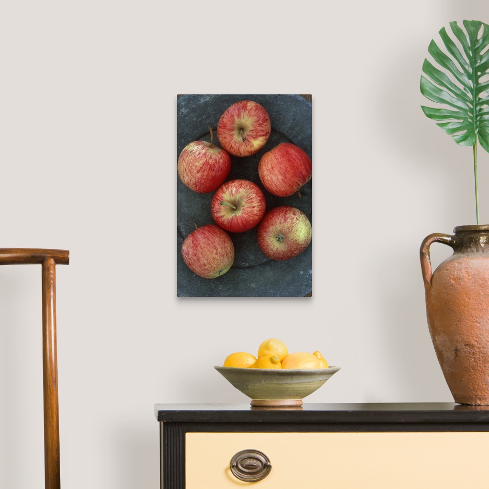 A traditional room featuring Six red and yellow striped Gala apples on tarnished metal plate