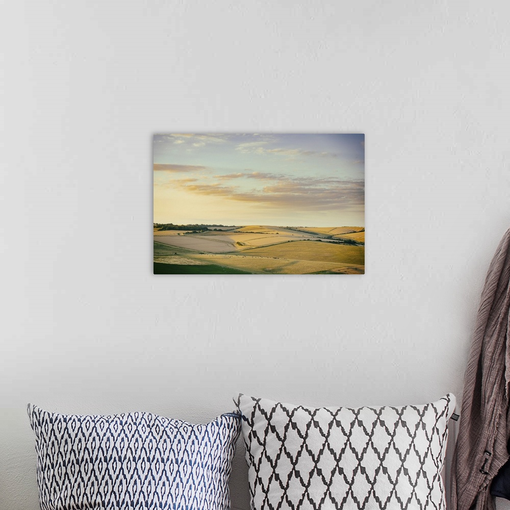 A bohemian room featuring Golden evening light touching the Downland harvest fields. View from Cissbury Ring on the South D...
