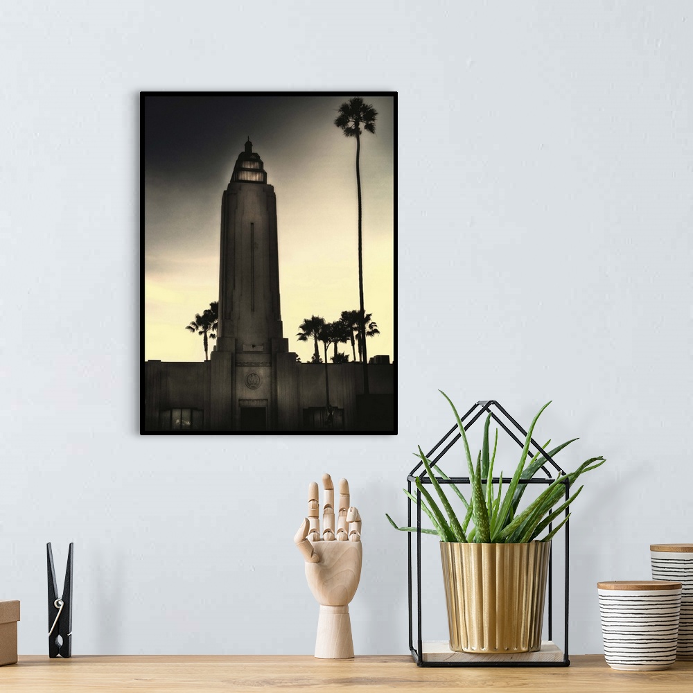 A bohemian room featuring A gotham city tower with palm tree photoshop effects
