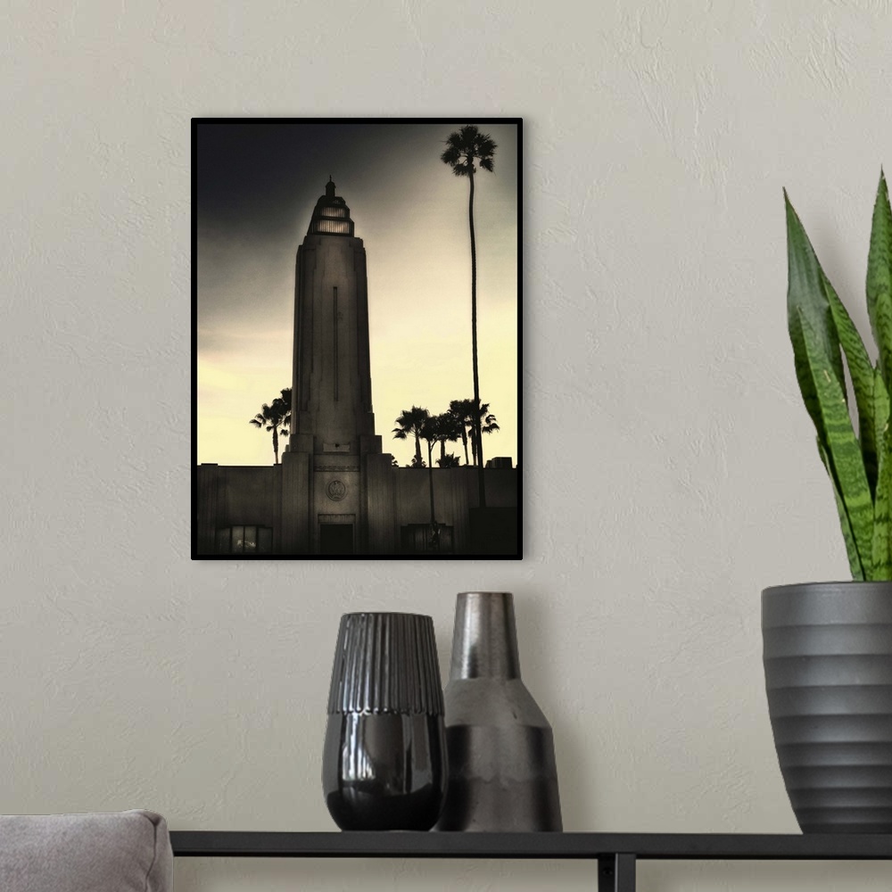 A modern room featuring A gotham city tower with palm tree photoshop effects
