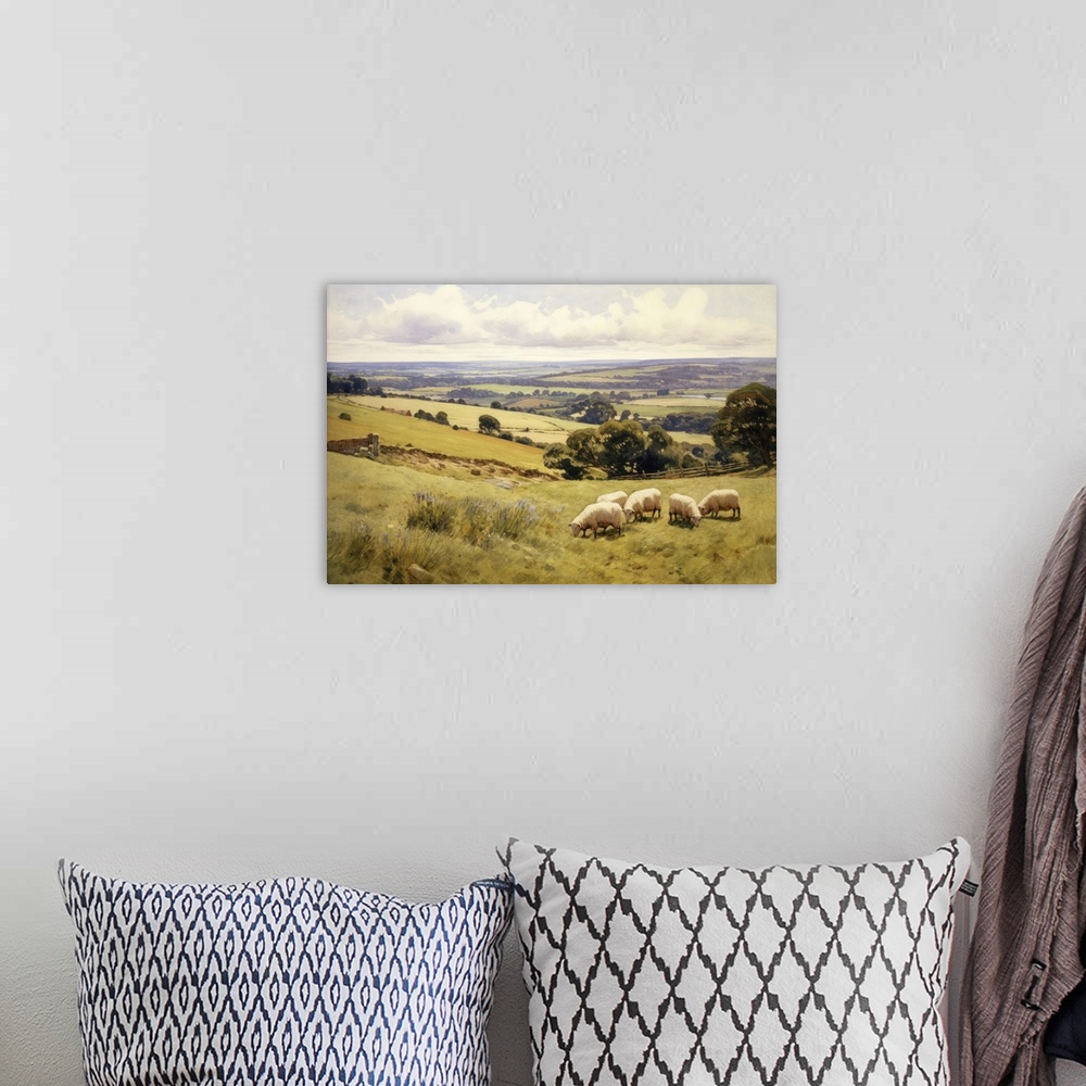 A bohemian room featuring Sheep on the South Downs in West Sussex, England. Oak trees and distant views across the English ...