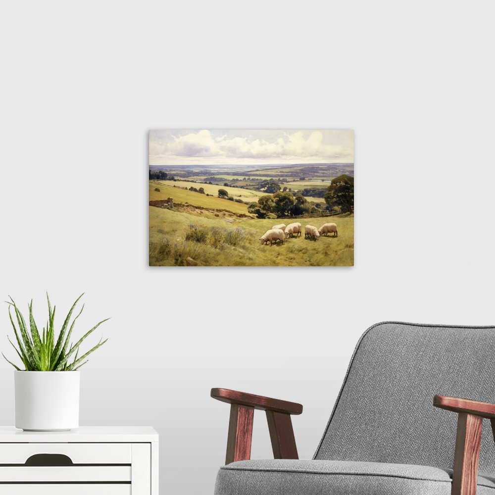 A modern room featuring Sheep on the South Downs in West Sussex, England. Oak trees and distant views across the English ...
