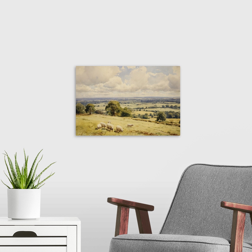A modern room featuring Sheep on the South Downs in West Sussex, England. Oak trees and distant views across the English ...