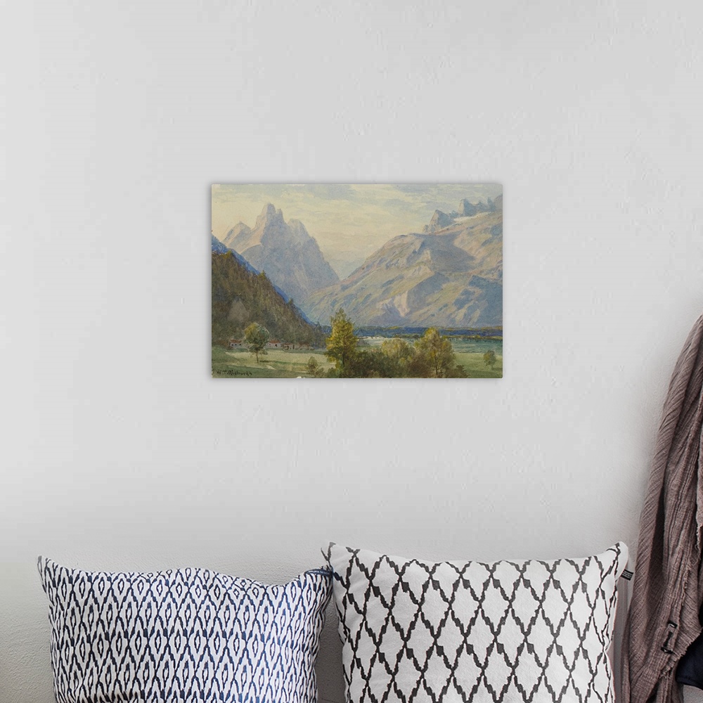 A bohemian room featuring Watercolour painting of a mountainous landscape.