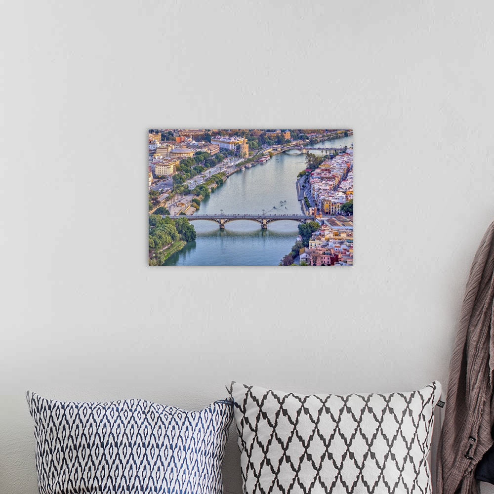 A bohemian room featuring Aerial view of Triana (foreground) and San Telmo (background) bridges over the Guadalquivir river...