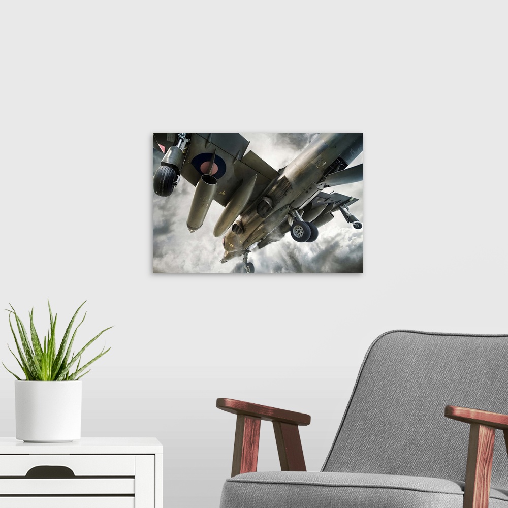A modern room featuring A  Harrier Jump jet in vertical take-off