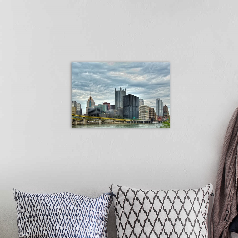 A bohemian room featuring High rise building across the river in Pittsburgh