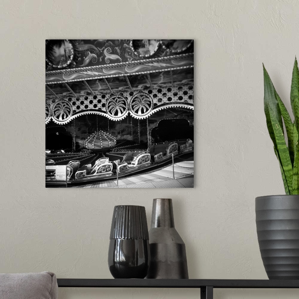 A modern room featuring Monochrome Holga carnival image with Himalaya or bobsled ride