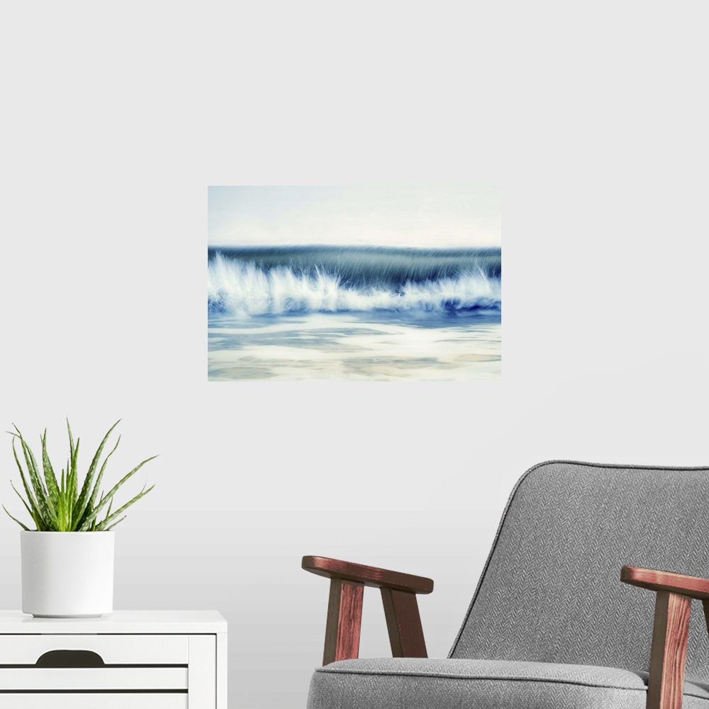A modern room featuring A wave breaking seascape resembling a tidal bore.