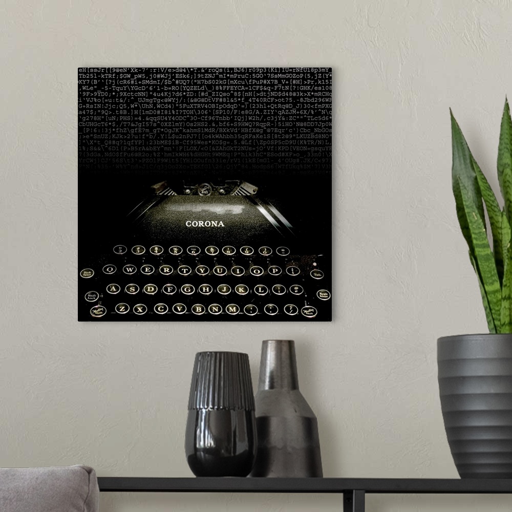 A modern room featuring Montage of an old fashioned typewriter with print
