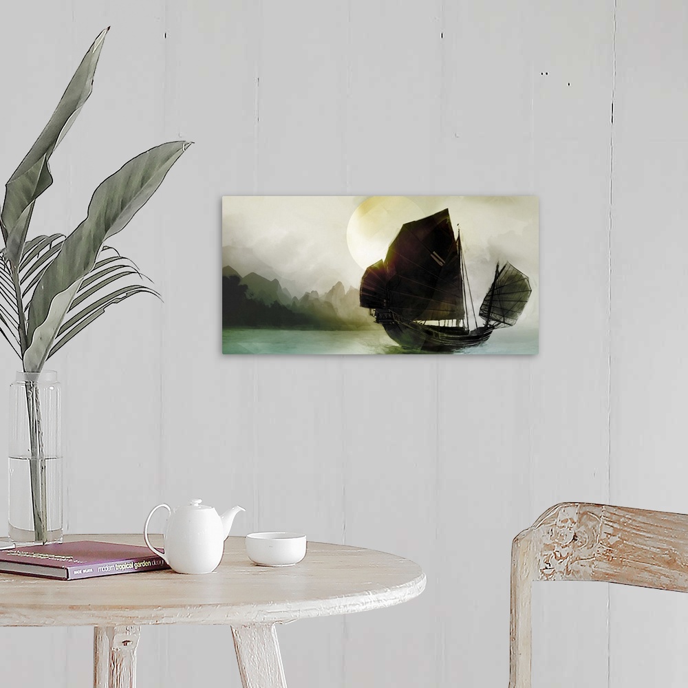 A farmhouse room featuring Junk boat sailing off-shore at sunset