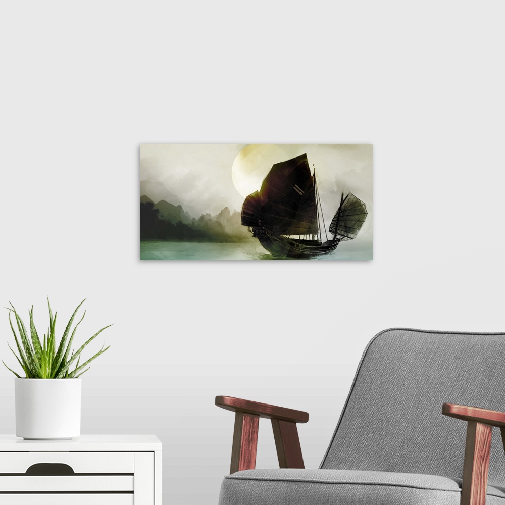 A modern room featuring Junk boat sailing off-shore at sunset