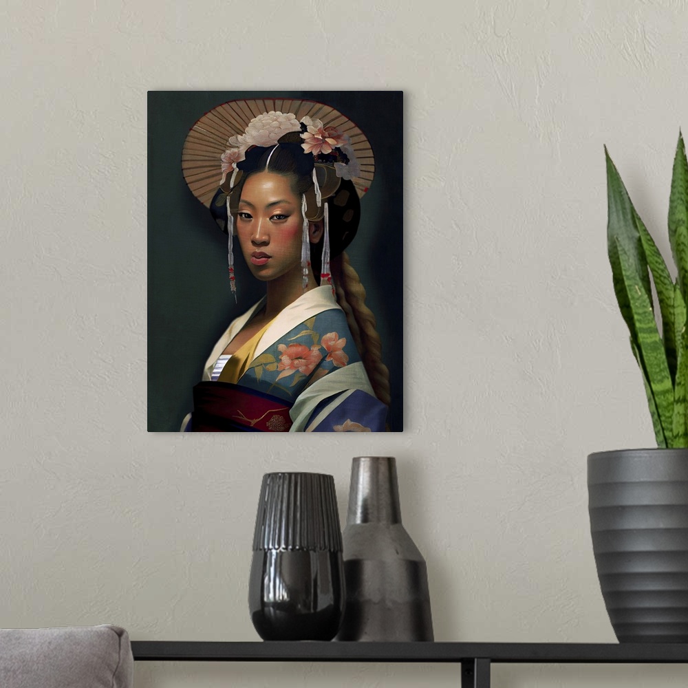 A modern room featuring Young female Asian woman wearing a kimono and headwear.