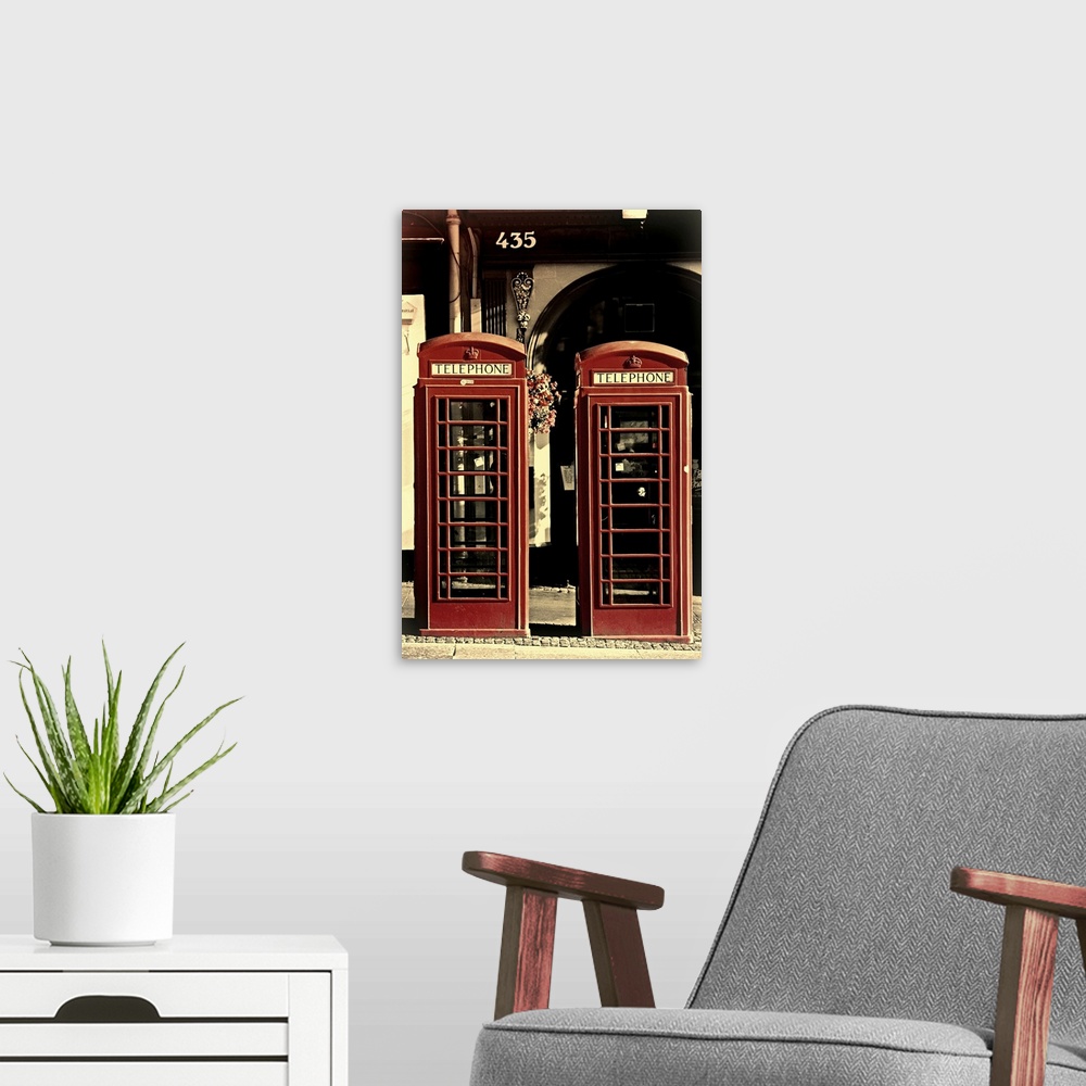 A modern room featuring UK phonebox olde look