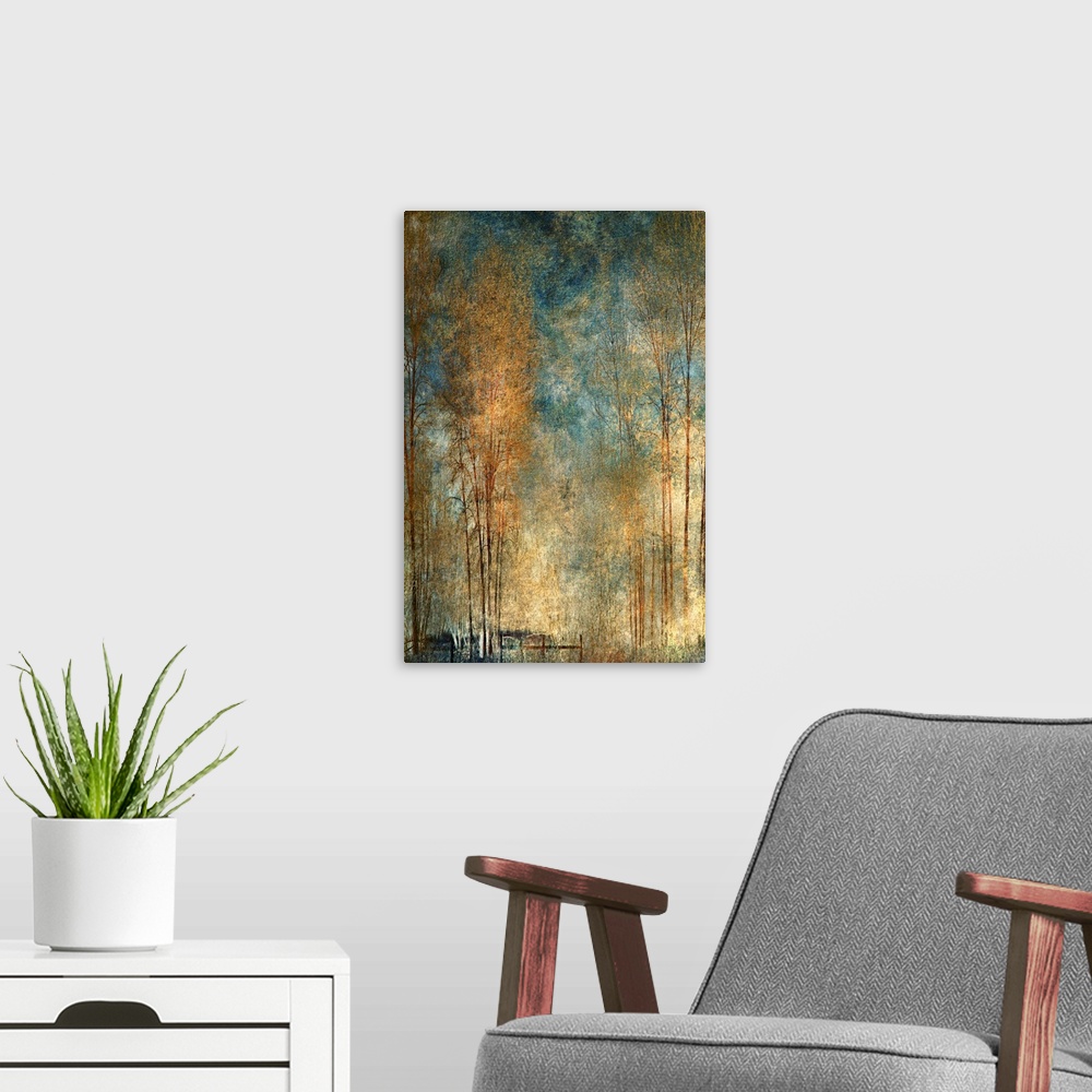 A modern room featuring Impressionist view of tall, bare golden trees against a blue sky.