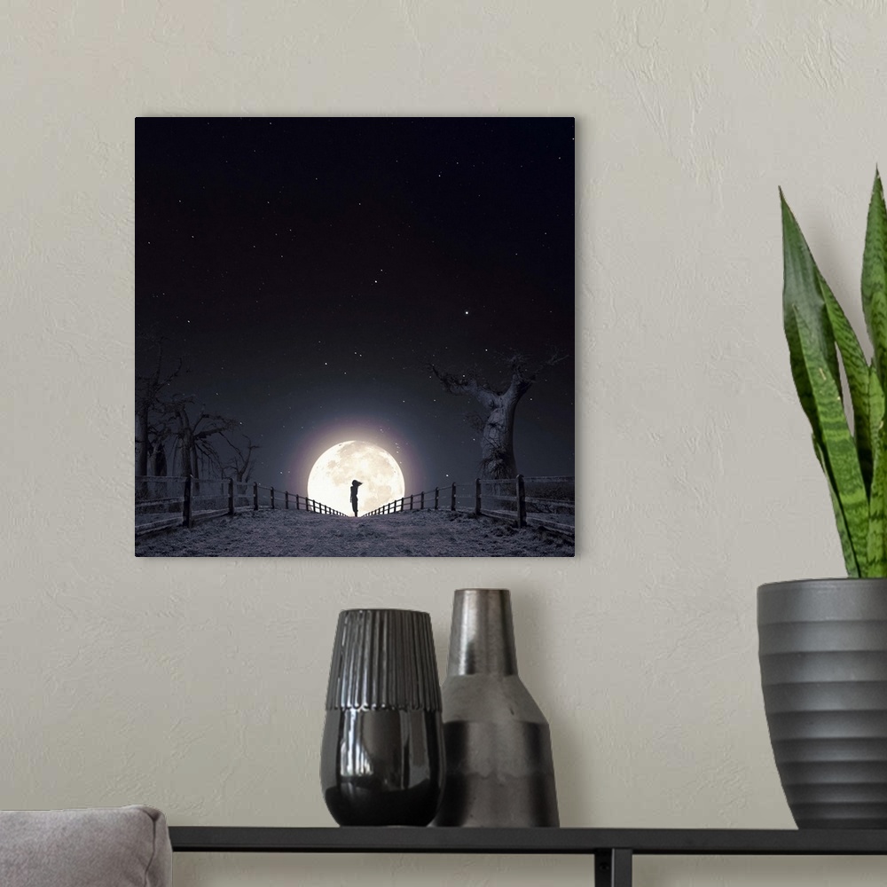 A modern room featuring Conceptual image of girl at night silhouetted by the moon at the end of post and rail fencing