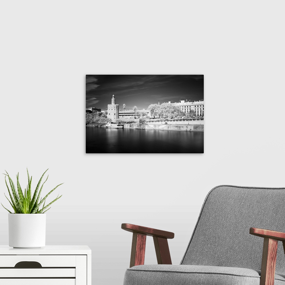 A modern room featuring Infrared image of yhe Golden Tower (12th century Moorish building) by the Guadalquivir river, Sev...