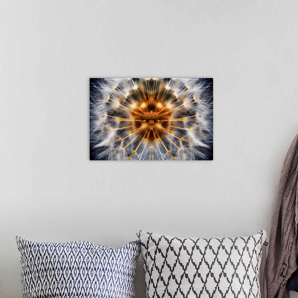 A bohemian room featuring Dandelion Clock abstract mirrored to make a perfect dandelion.