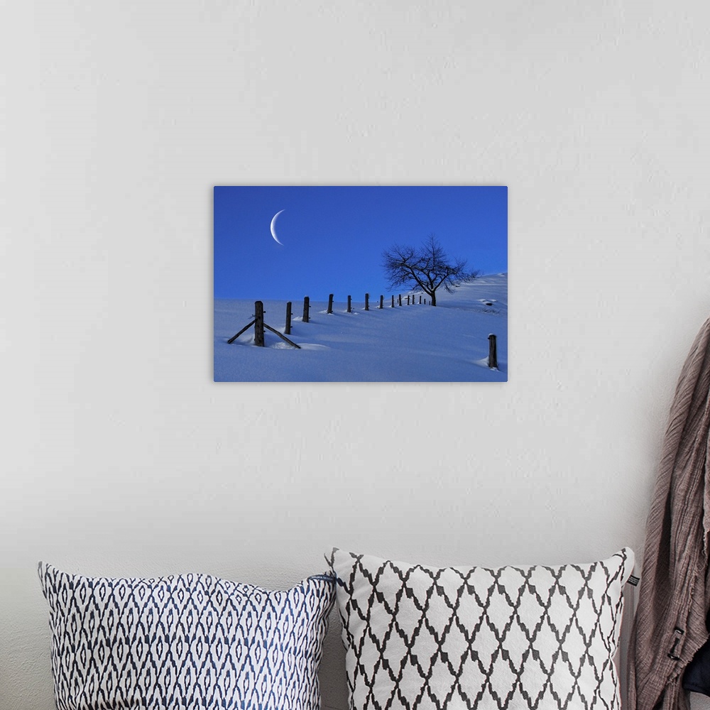 A bohemian room featuring Moon Rising over a Snowy Landscape with a Single Tree and a Fence, Austria, Europe