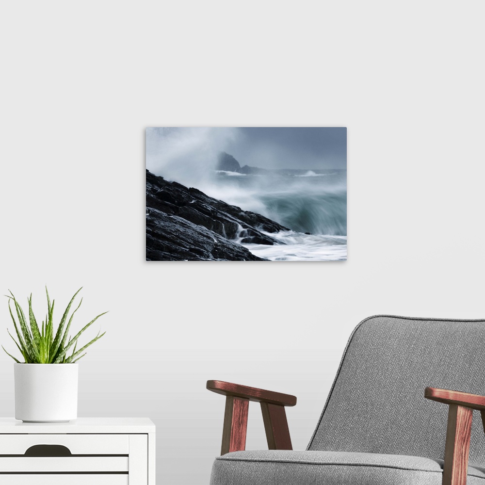 A modern room featuring Crashing waves on a stormy Scottish beach
