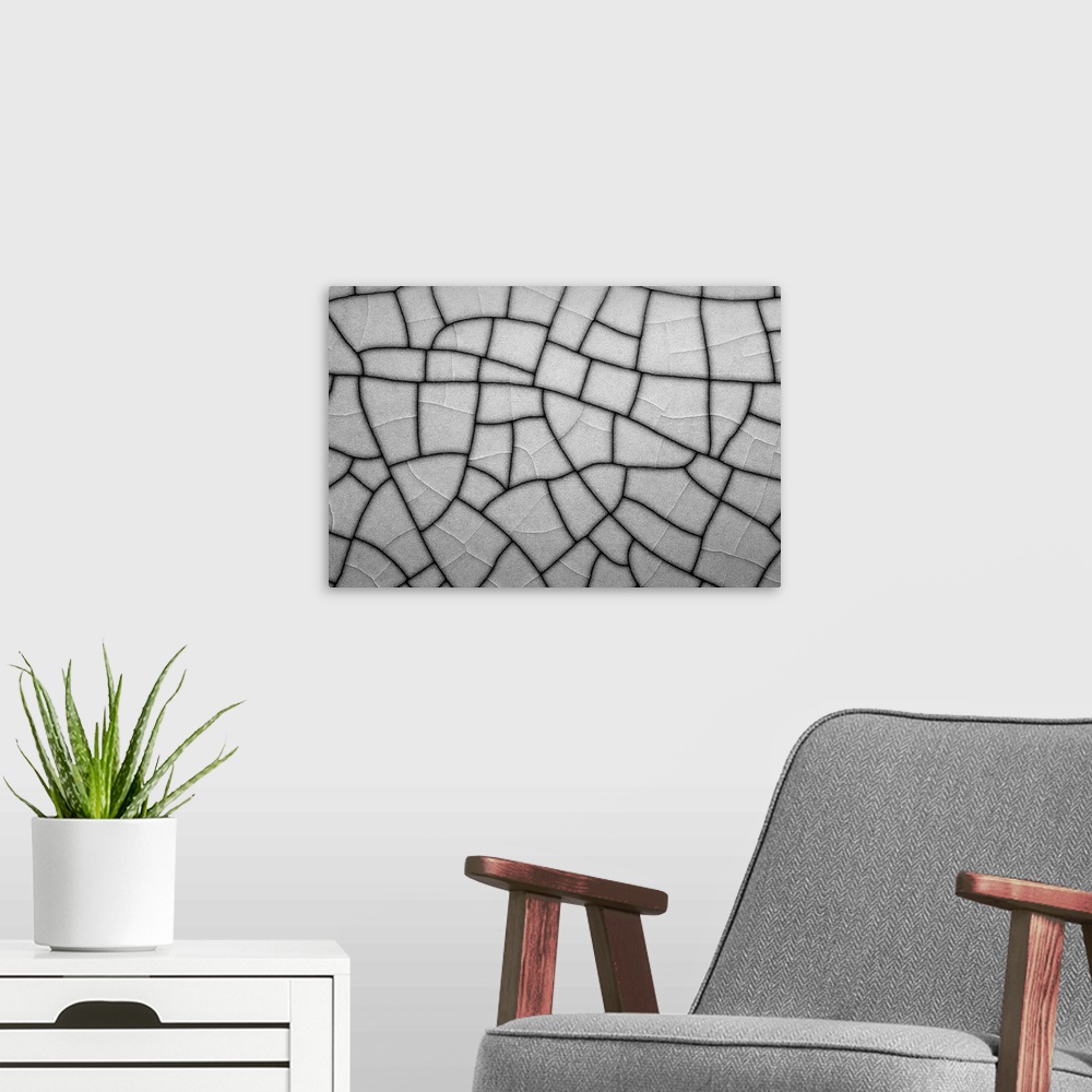 A modern room featuring Close up/macro of a  porcelain crackle plate creating line patterns abstract in black and white.