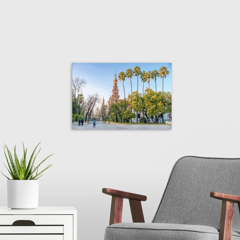 A modern room featuring Plaza de Espana from Maria Luisa Park, Seville, Spain with palm trees.