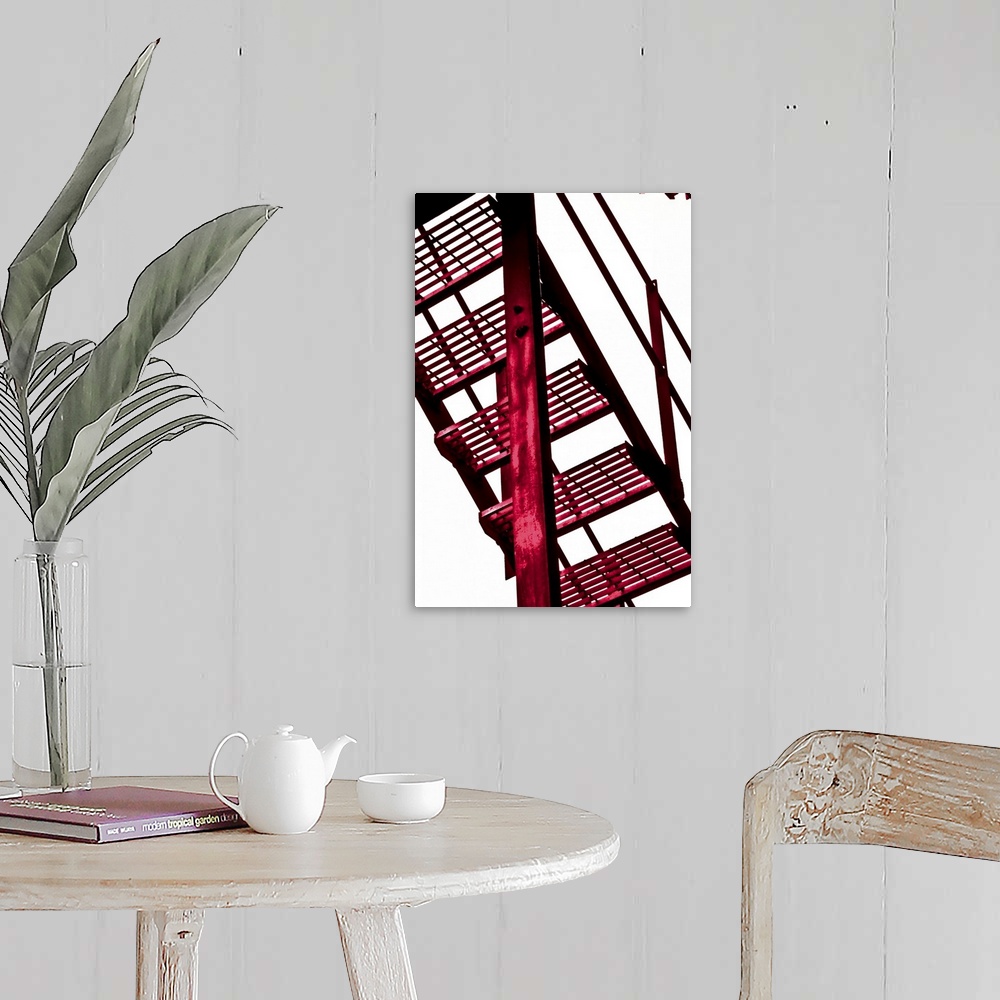 A farmhouse room featuring red fire escape