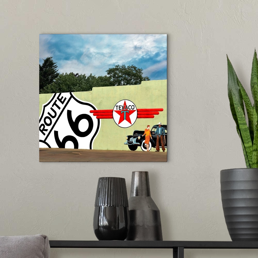 A modern room featuring Wall mural with Route 66 and Texaco in USA.