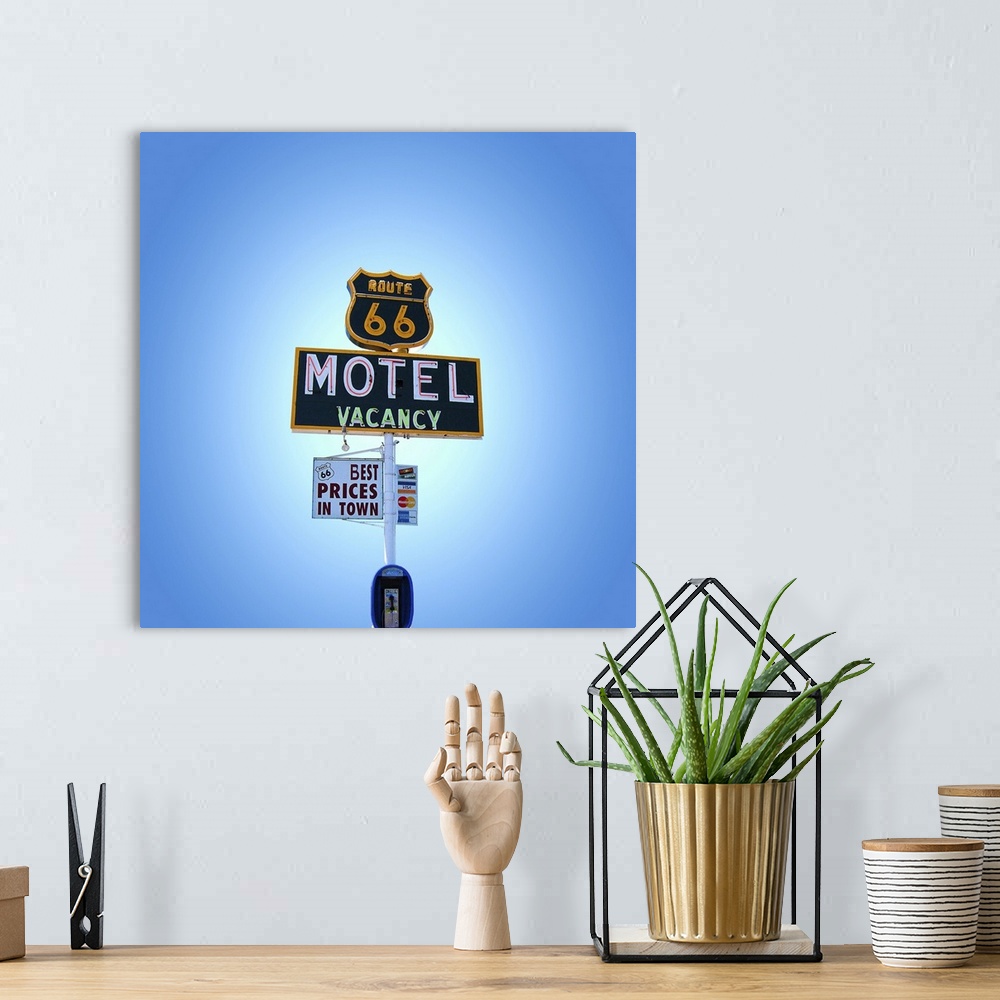 A bohemian room featuring Blue sky with vintage neon street sign in USA.