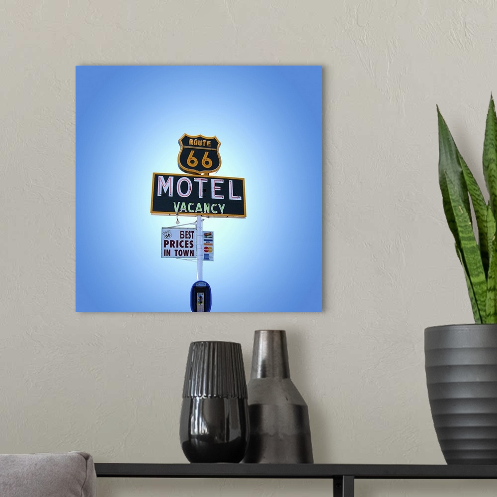 A modern room featuring Blue sky with vintage neon street sign in USA.