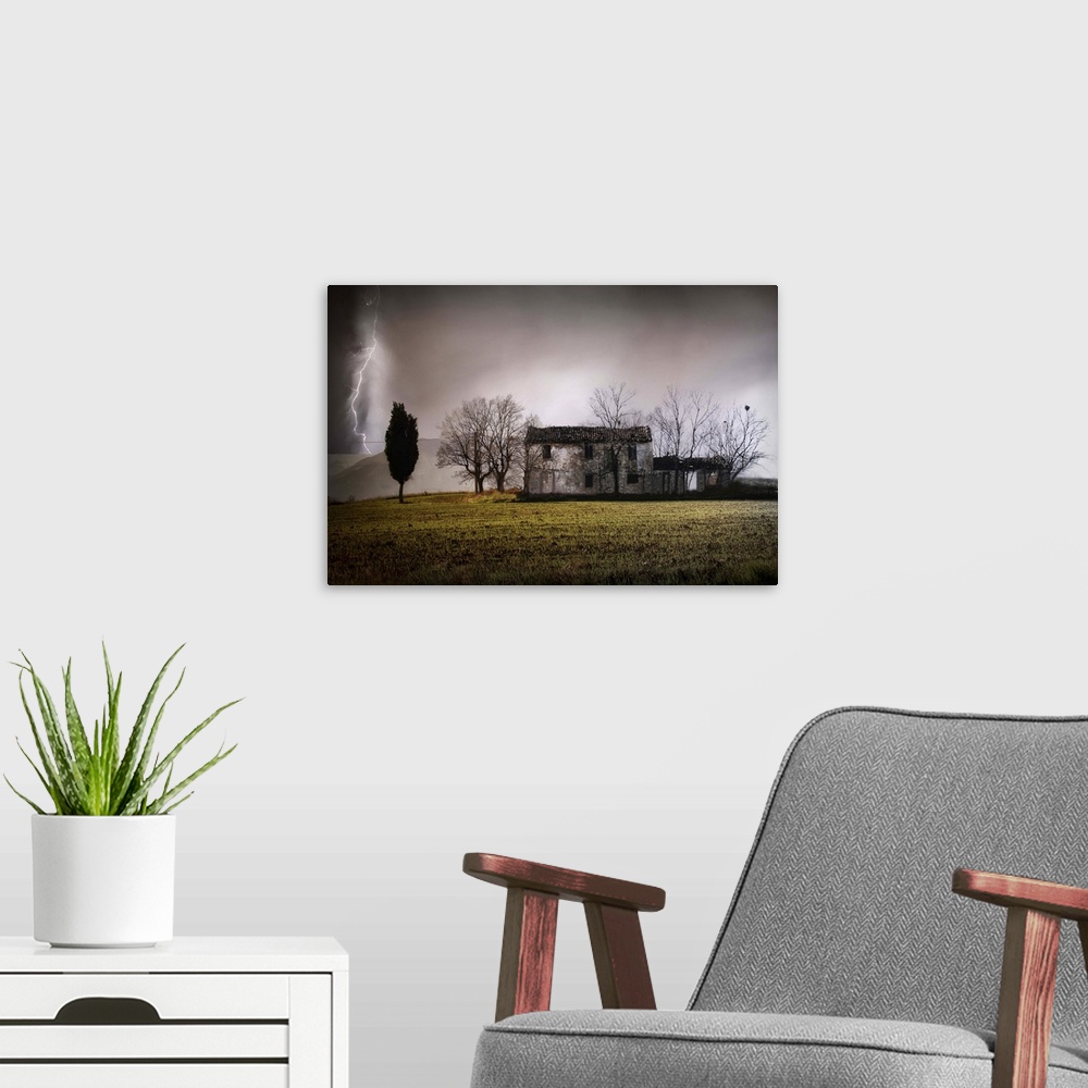 A modern room featuring Ruined cottage in a stormy day and lightning in Castelfrentano, a comune and town in the province...