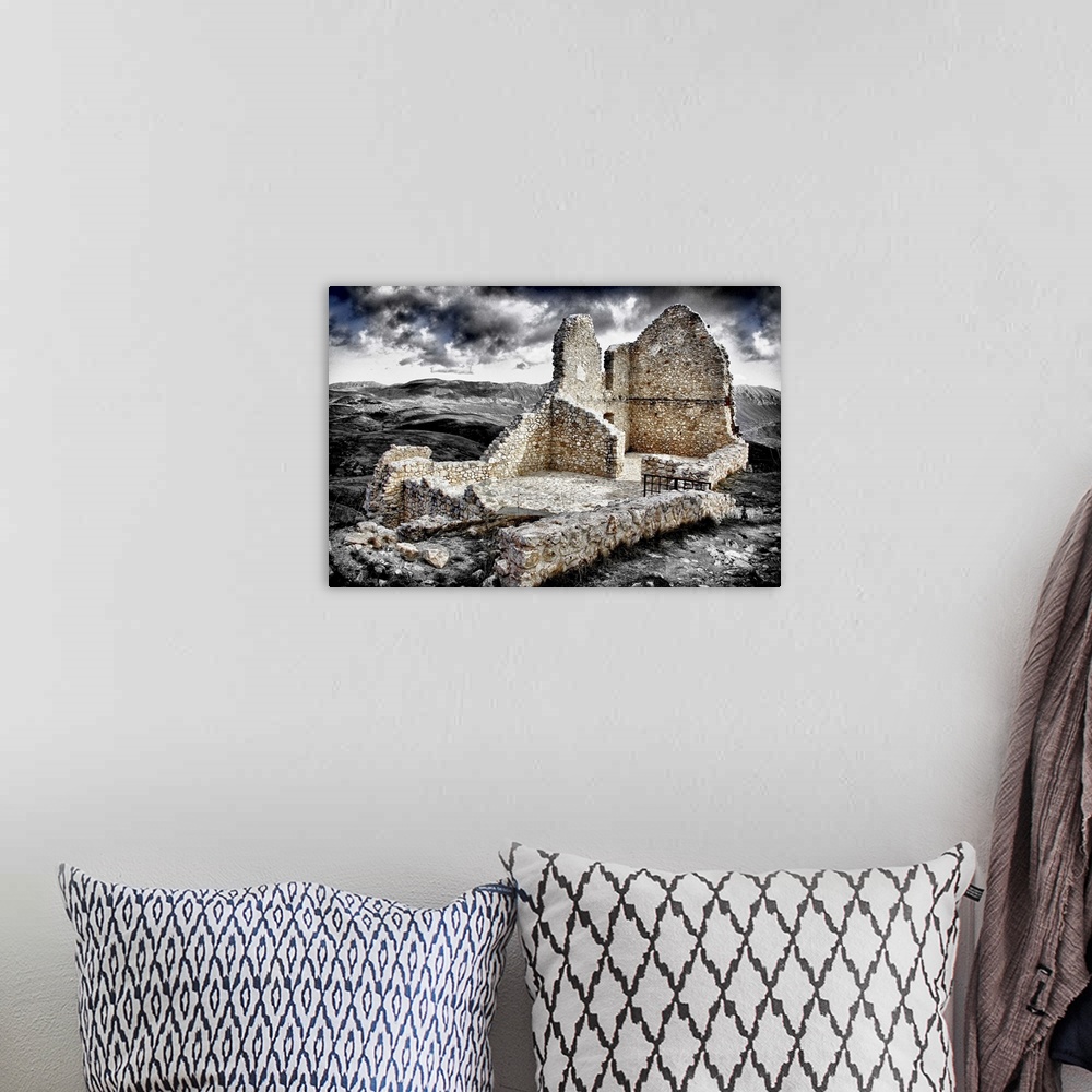 A bohemian room featuring Ruins of Rocca Calascio, a mountaintop fortress or rocca in the Province of L'Aquila in Abruzzo, ...