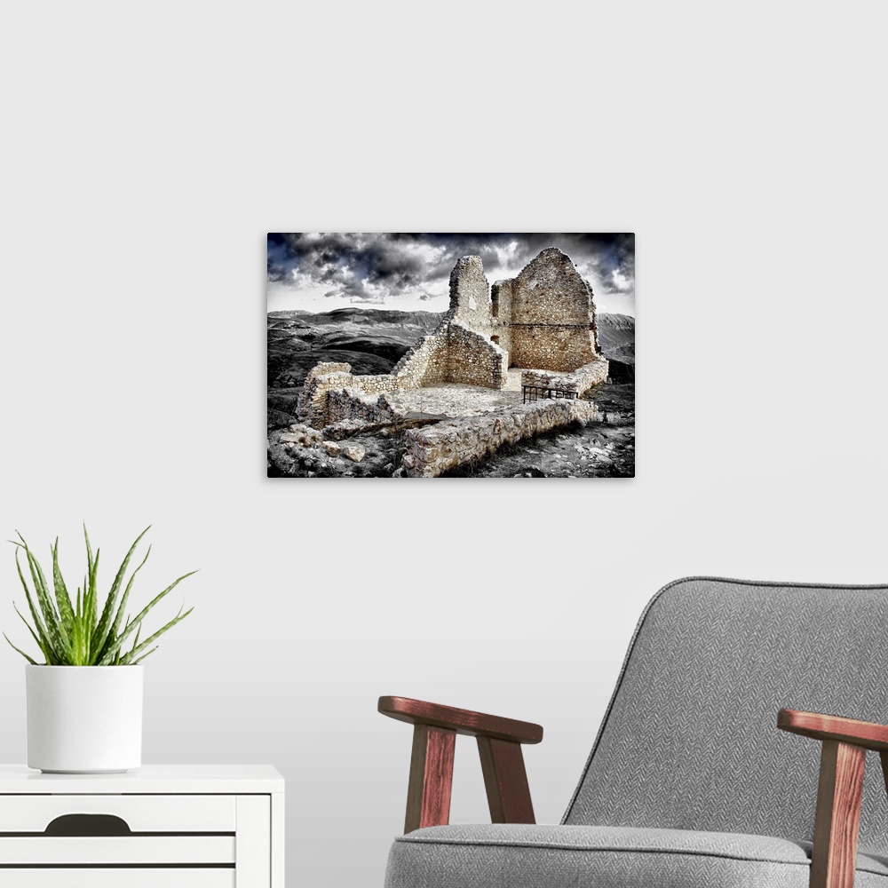 A modern room featuring Ruins of Rocca Calascio, a mountaintop fortress or rocca in the Province of L'Aquila in Abruzzo, ...