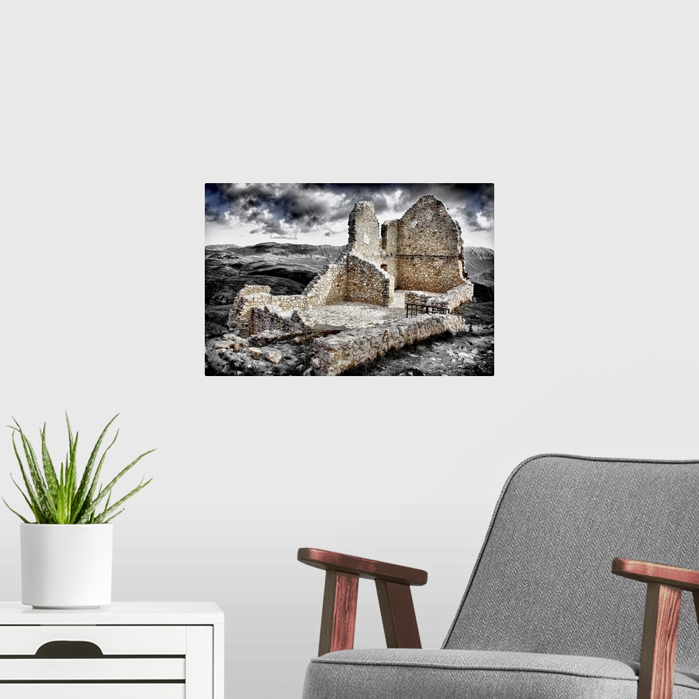 A modern room featuring Ruins of Rocca Calascio, a mountaintop fortress or rocca in the Province of L'Aquila in Abruzzo, ...