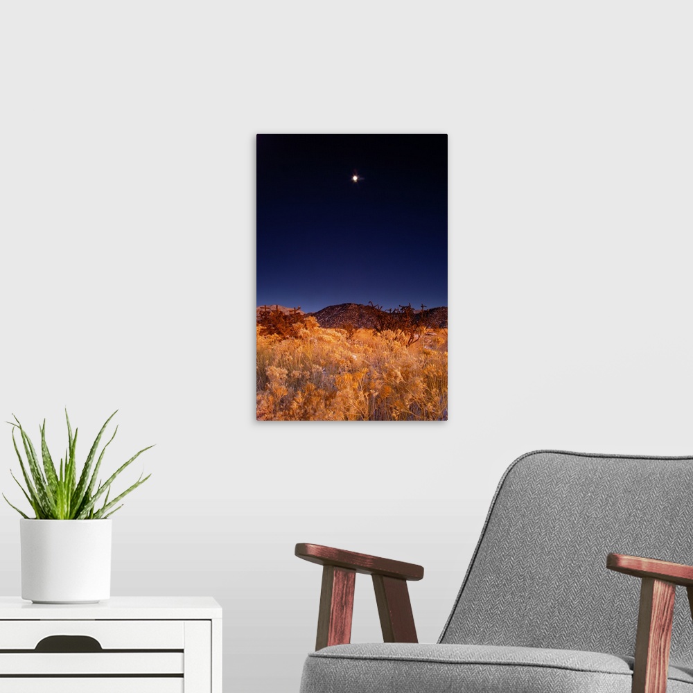 A modern room featuring Sandia mountains desert twilight landscape moon rise, New Mexico