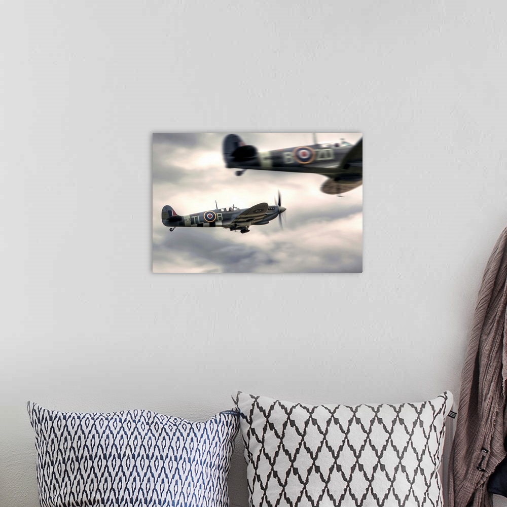 A bohemian room featuring Two Spitfires scrambling to takeoff at Duxford.