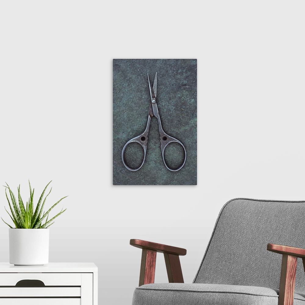 A modern room featuring Antique steel sewing scissors decorated with small pattern lying on tarnished metal