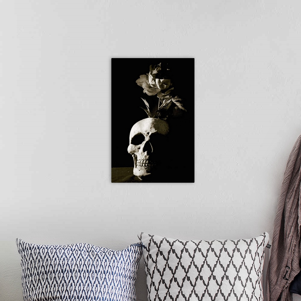 A bohemian room featuring skull and rose