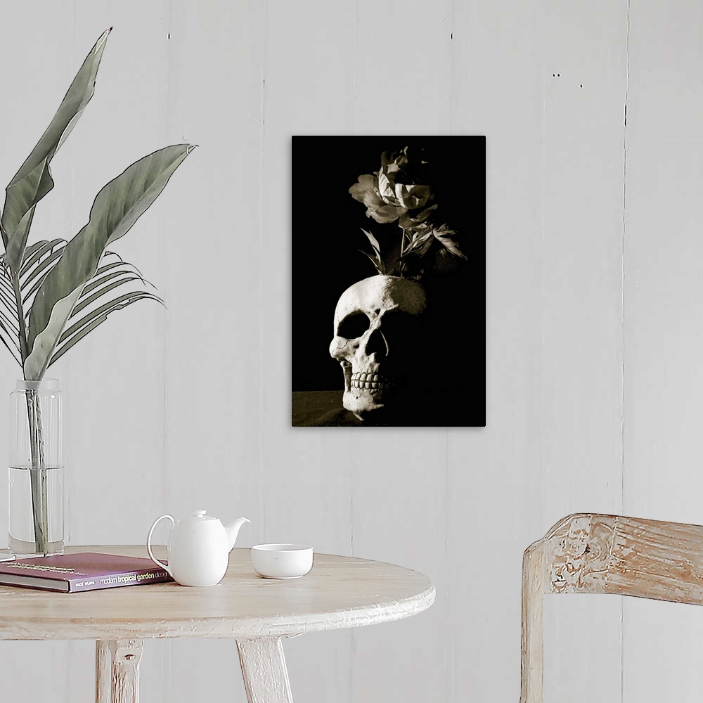 A farmhouse room featuring skull and rose
