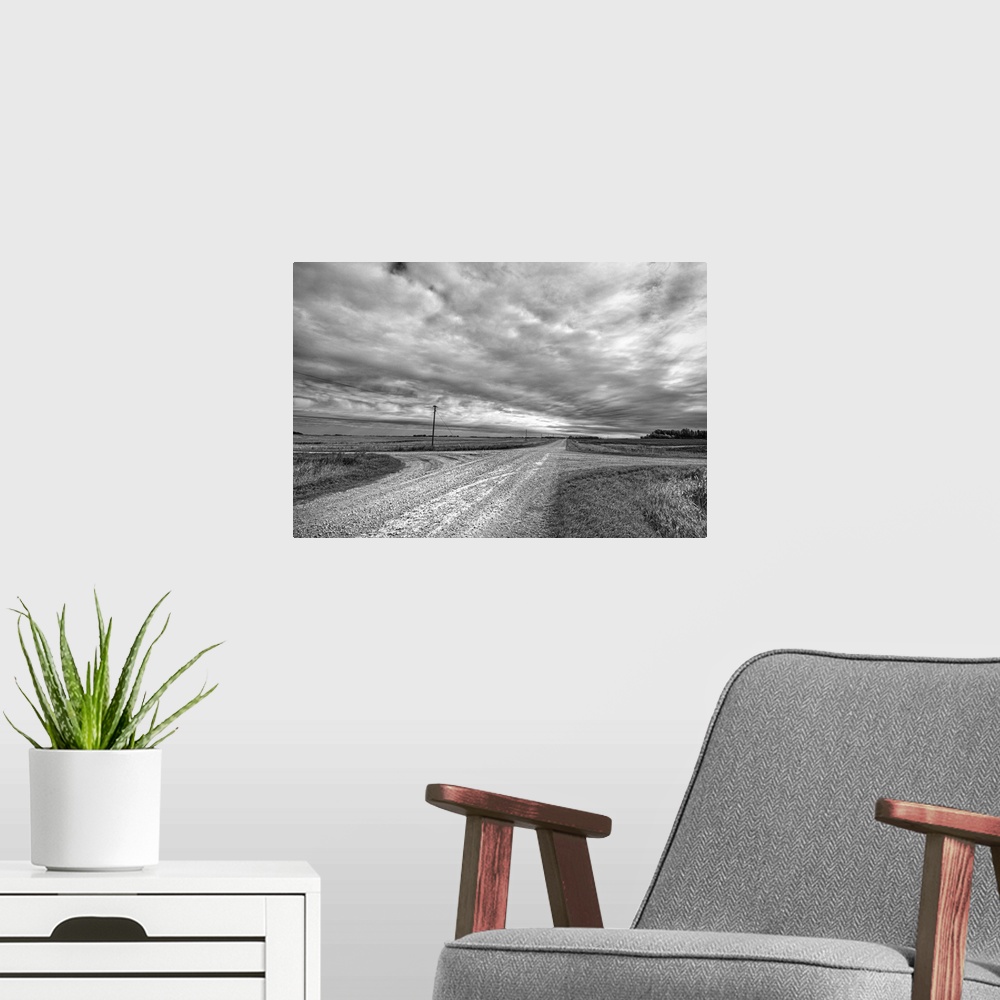 A modern room featuring Grey skies above cross roads in North Dakota, Cavalier County USA