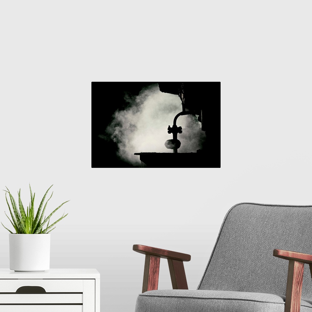 A modern room featuring Conceptual image of smoke inside the factory. Dark and scary place.