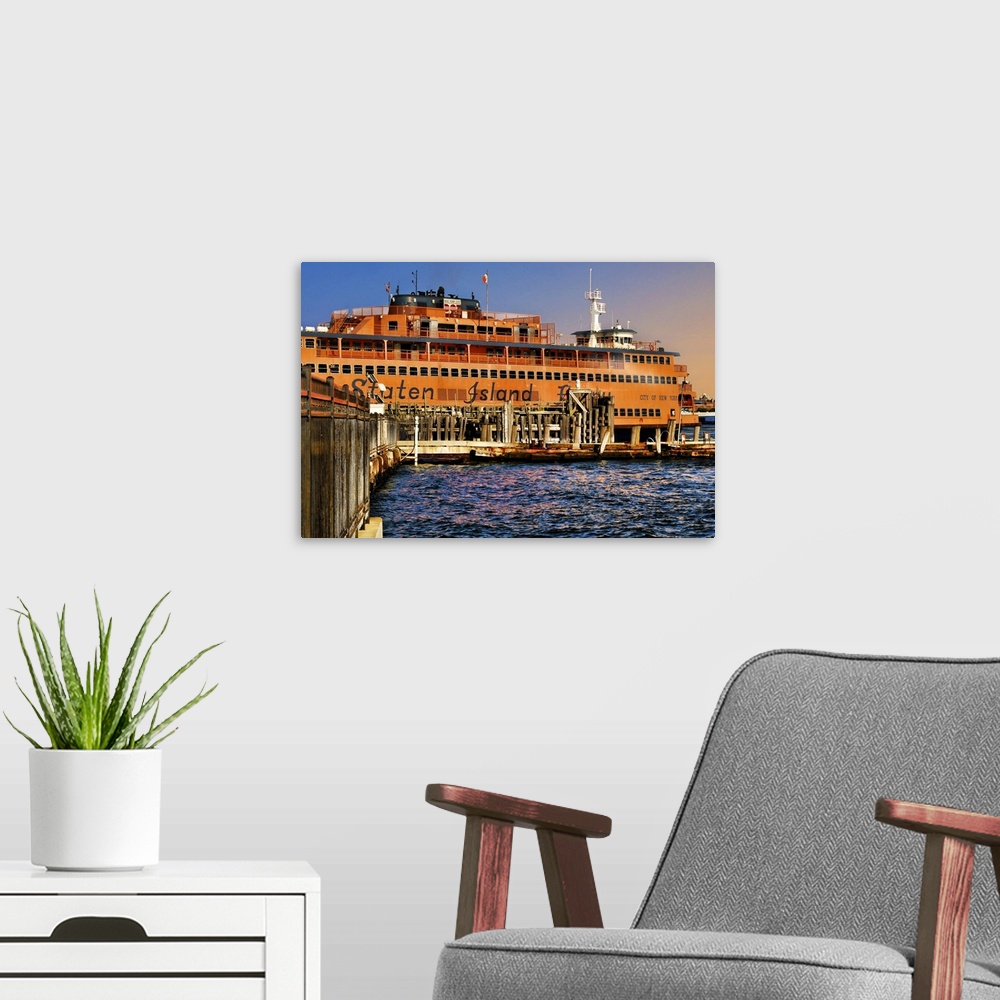 A modern room featuring HDR image of New York's Staten Island Ferry.