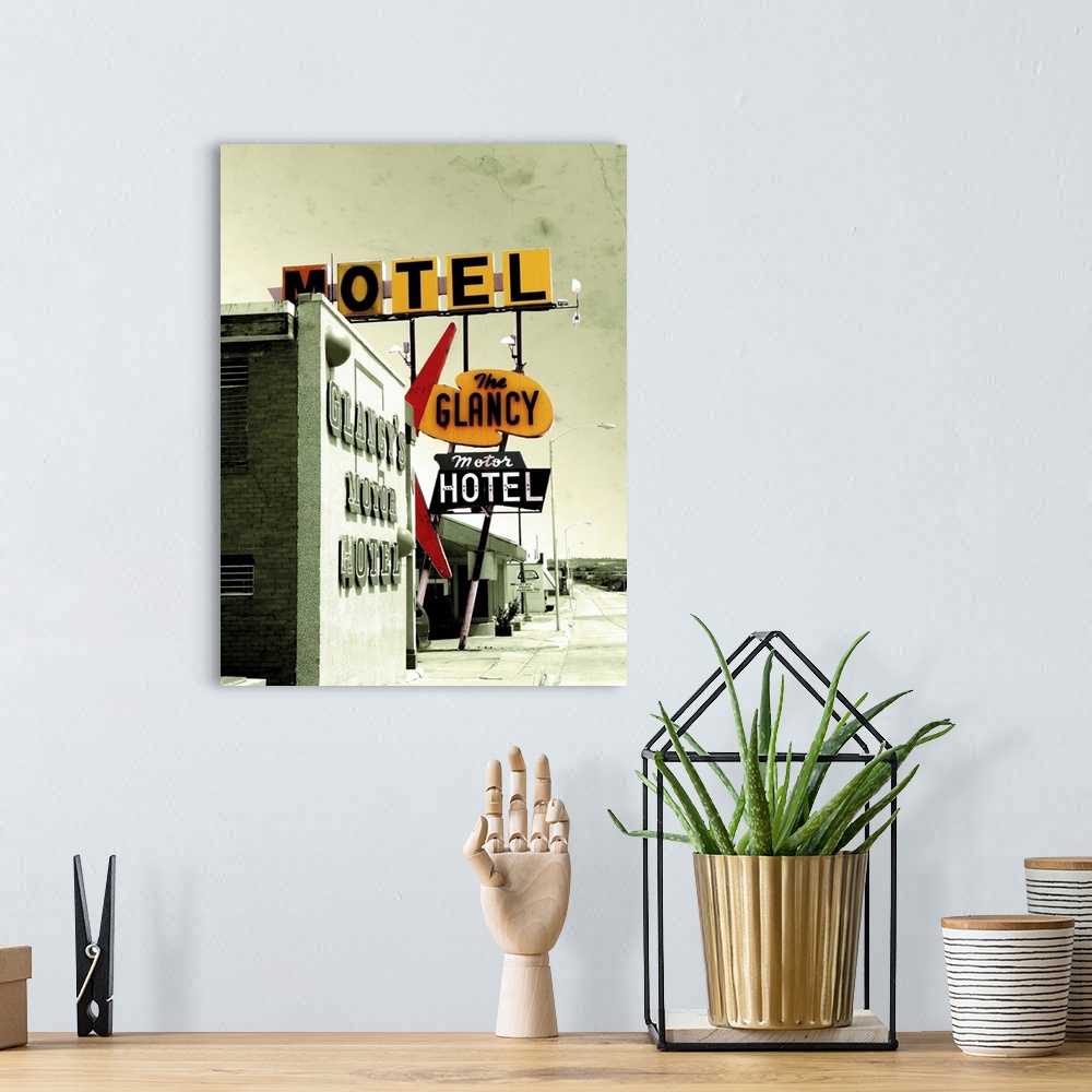 A bohemian room featuring Edited vintage scene in USA with motel signs.
