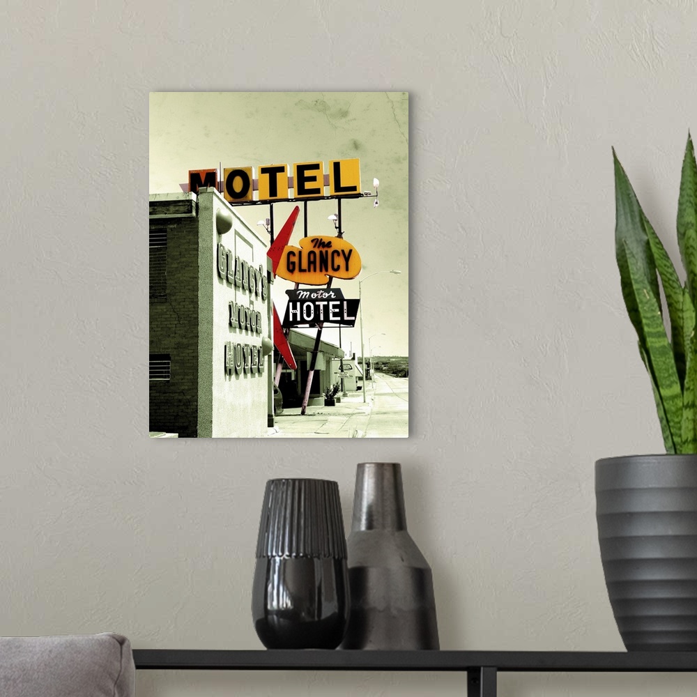 A modern room featuring Edited vintage scene in USA with motel signs.