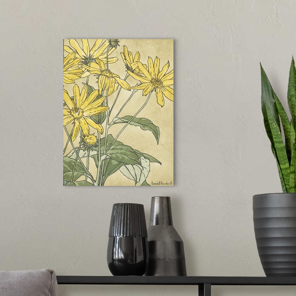 A modern room featuring Watercolor and ink on paper of yellow flowers