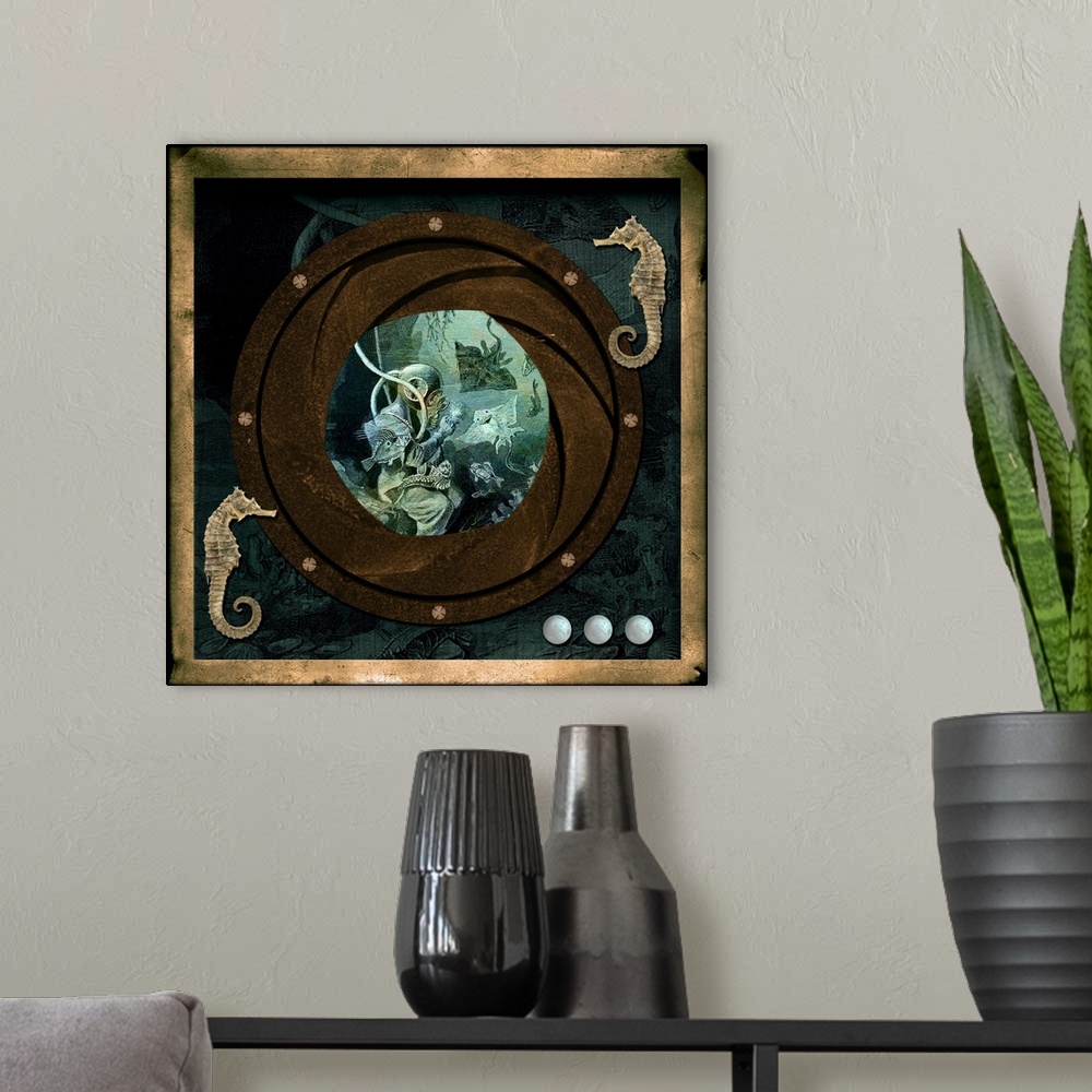 A modern room featuring A vintage deep sea diver examines the wonders of the ocean floor.