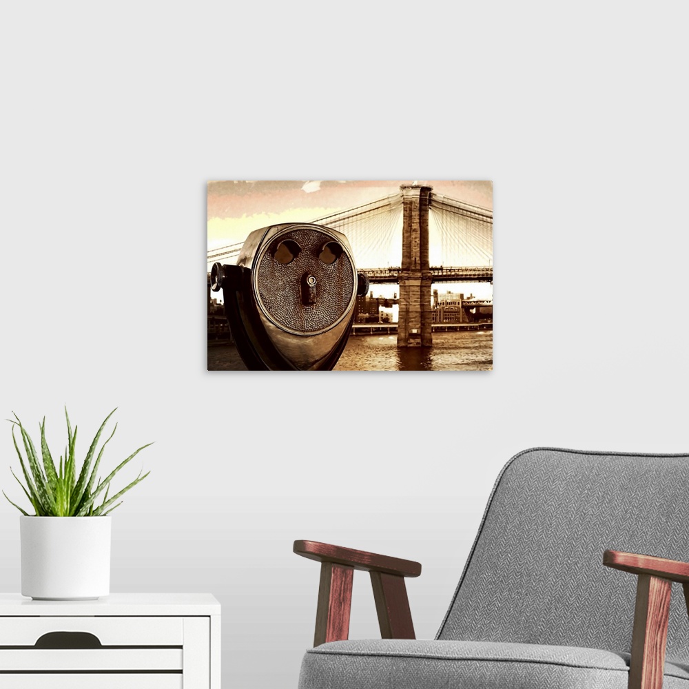 A modern room featuring Textured image of Brooklyn Bridge with coin-operated telescope in foreground, vintage postcard -s...