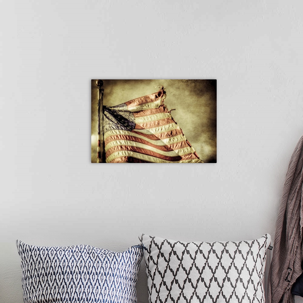 A bohemian room featuring The American flag in tatters