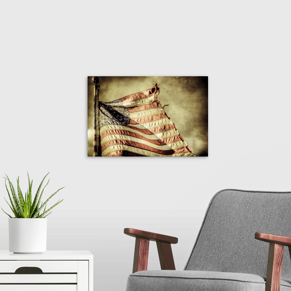 A modern room featuring The American flag in tatters