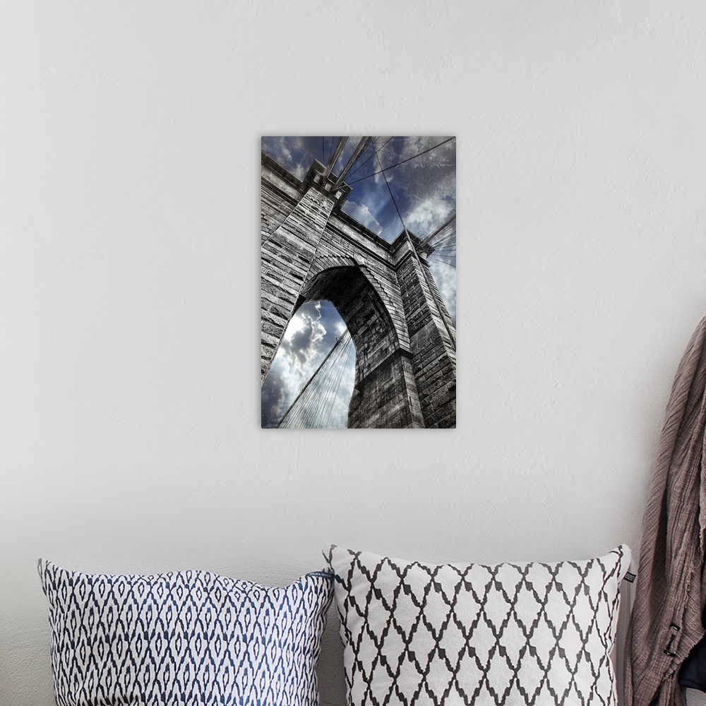 A bohemian room featuring This large vertical piece is a photograph taken on the Brooklyn bridge and looking up toward the ...
